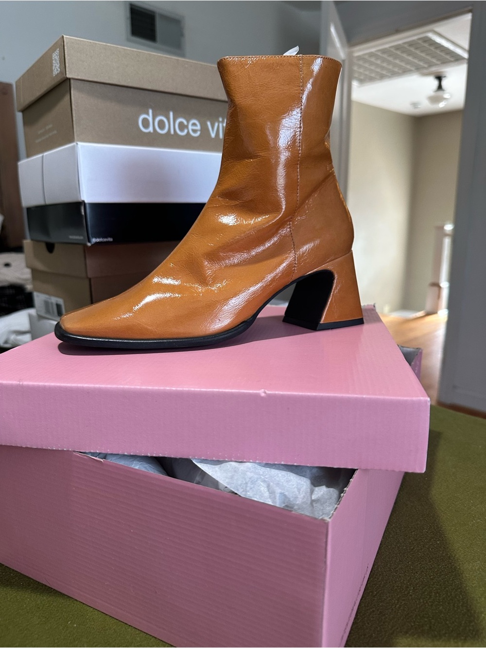 Whiskey Color Patent Leather Mid Heel Ankle Boot